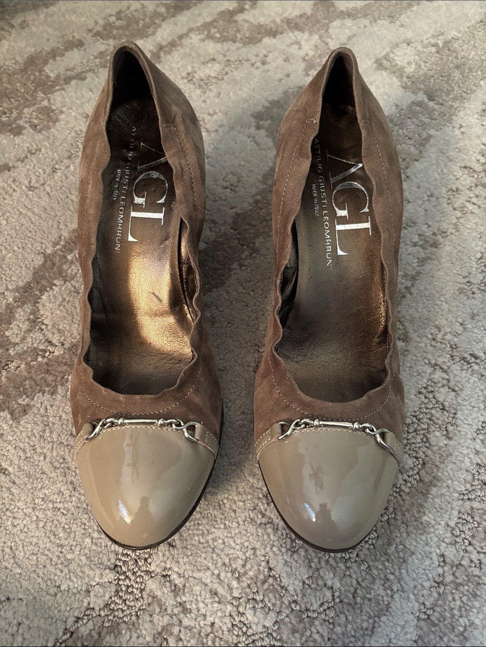 AGL Brown Suede Wedges with Beige Patent Cap Toe and Silver Chain